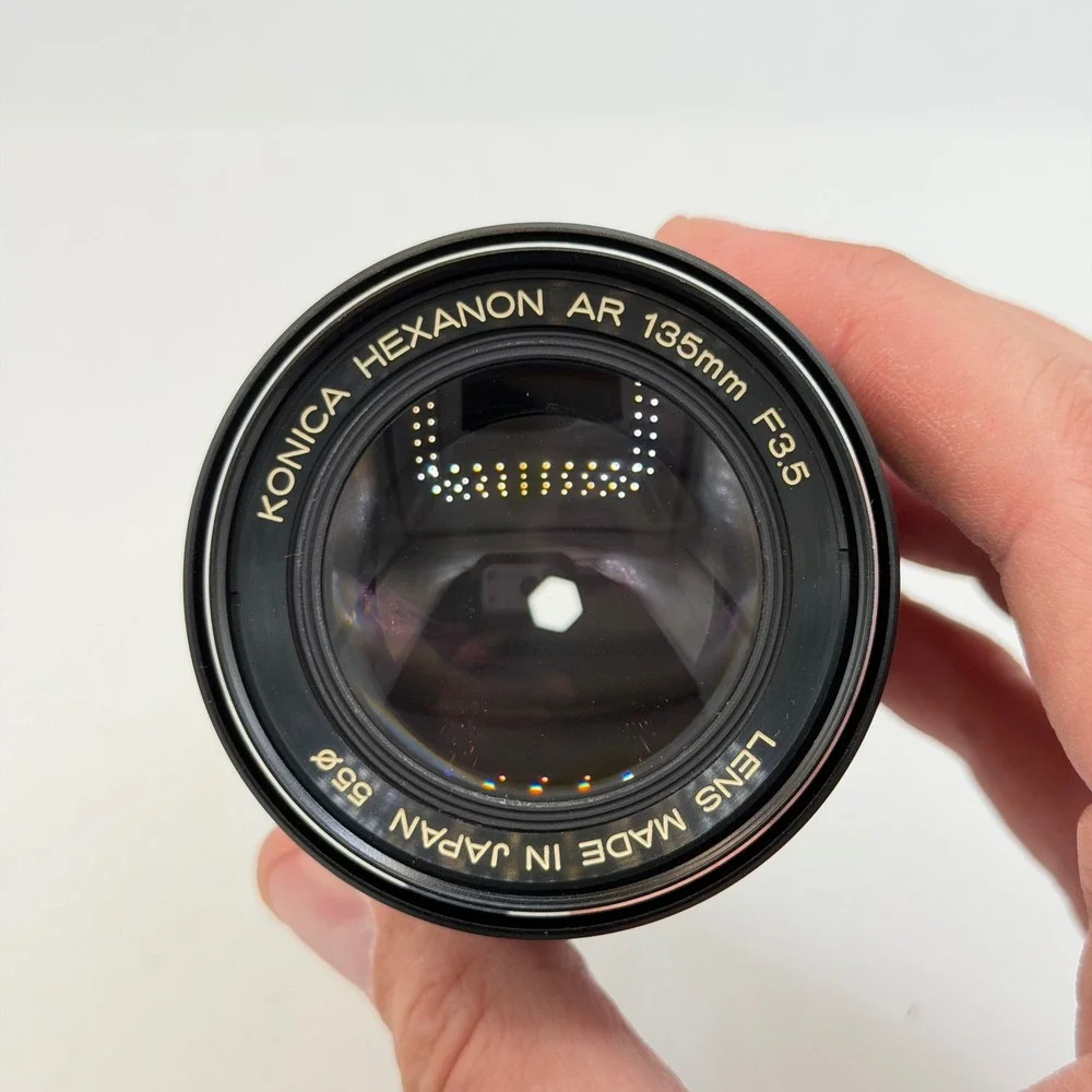 Konica Hexanon AR 135mm F3.5 Telephoto Prime Lens with Case and Caps Japan